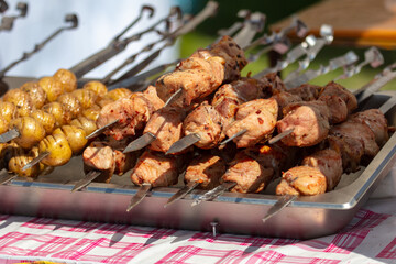 Meat on skewers grilled on coals.