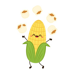 Corn and popcorn cartoon. Vector mascot, cartoon and illustration of a corn holding popcorn. Character design.