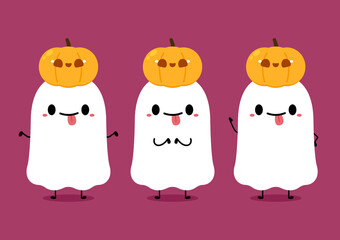 Happy halloween party greeting card with cute ghost. Holidays cartoon character. Cute spooky ghosts.
