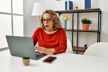 Middle age caucasian woman using laptop sitting on the table at home scared and amazed with open...