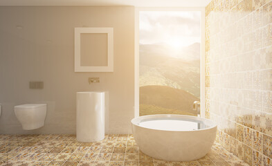 Clean and fresh bathroom with natural light. 3D rendering.. Sunset.