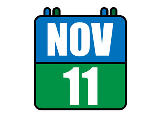 11 November calendar. Blue and green calendar page for November days. Vector isolated on white background.