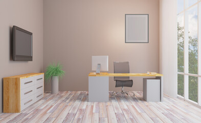 Open space office interior with like conference room. Mockup. 3D rendering.. Mockup.   Empty paintings