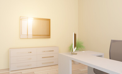 Elegant office interior. Mixed media. 3D rendering.. Sunset.. Sunset.