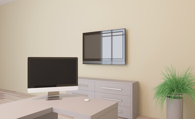 Front view of an office interior with a row of dark wood tables. 3D rendering.