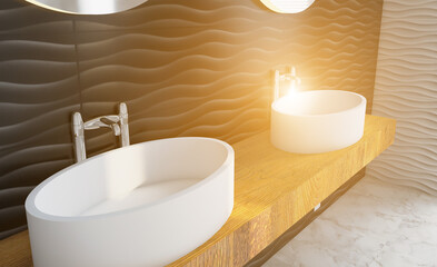 Fototapeta na wymiar Clean and fresh bathroom with natural light. 3D rendering.. Sunset.