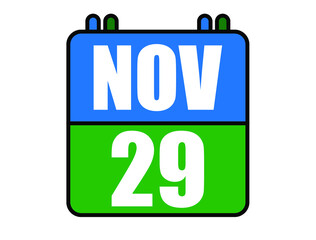 29 November calendar. Blue and green calendar page for November days. Vector isolated on white background.