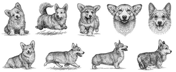 Vintage engrave isolated corgi dog set illustration ink sketch. welsh pembroke background korgi art © Turaev