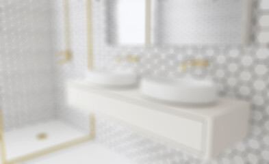 Fototapeta na wymiar Spacious bathroom in gray tones with heated floors, freestanding. Abstract blur phototography.