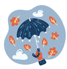 Vector illustration of hand is holding the umbrella. Cold concept.