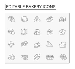Bakery line icons set. Sweet desserts. Tasty bread. Baking concepts. Isolated vector illustrations.Editable stroke