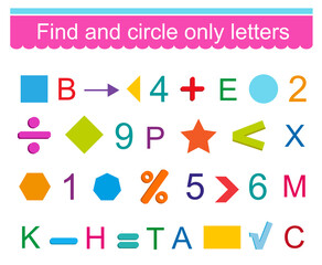 Educational game for kids. Find and circle only letters. Worksheet. Vector illustration