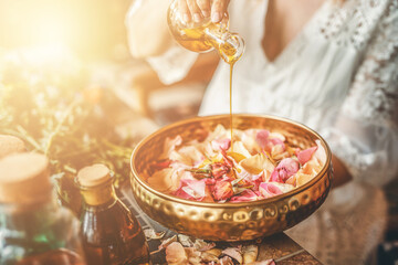 rose flower and essential oil. Spa and aromatherapy.