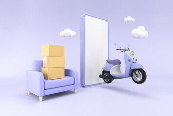 E-commerce concept, Delivery service on mobile application, Transportation delivery by scooter, 3d rendering.