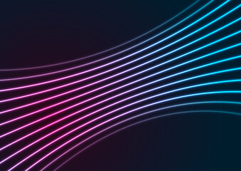 Blue and ultraviolet neon laser glowing curved wavy lines abstract background. Vector design