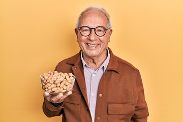 Senior man with grey hair holding peanuts looking positive and happy standing and smiling with a confident smile showing teeth