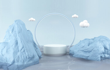 3D render, modern minimal background abstract with clouds and reflection in water on wet floor. Trendy showcase with LED frame and empty platform for displaying products.