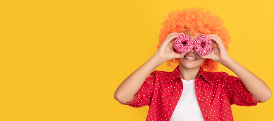 bakery shop and cafe. kid with glazed doughnut calories. food and dessert. donut bakery.