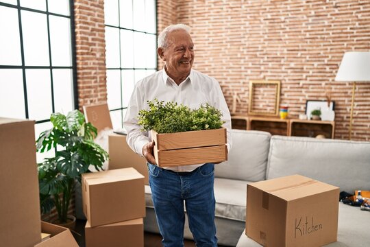 Senior man smiling confident holding plant pot at new home