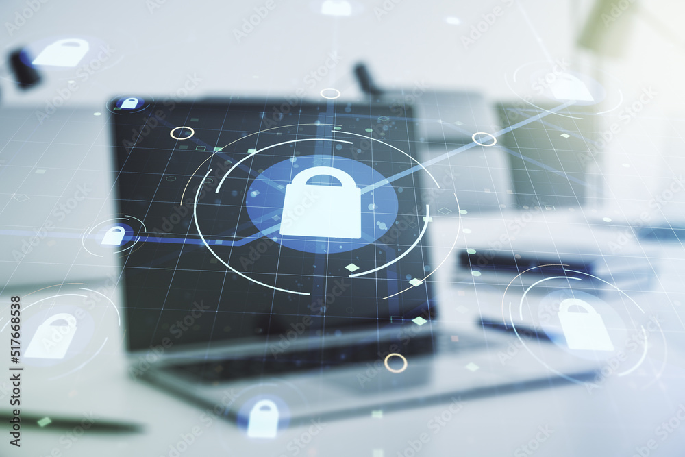 Aufkleber Creative light lock illustration with microcircuit on modern computer background, cyber security concept. Multiexposure