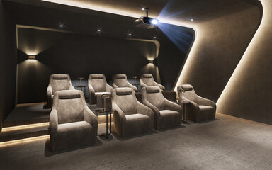 3d render of a chic home cinema room with hidden lights and velvet armchairs with table lamps and a big movie screen	
