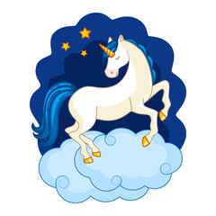 Sleeping cute unicorn on a cloud on the background of the starry sky. Isolated object.