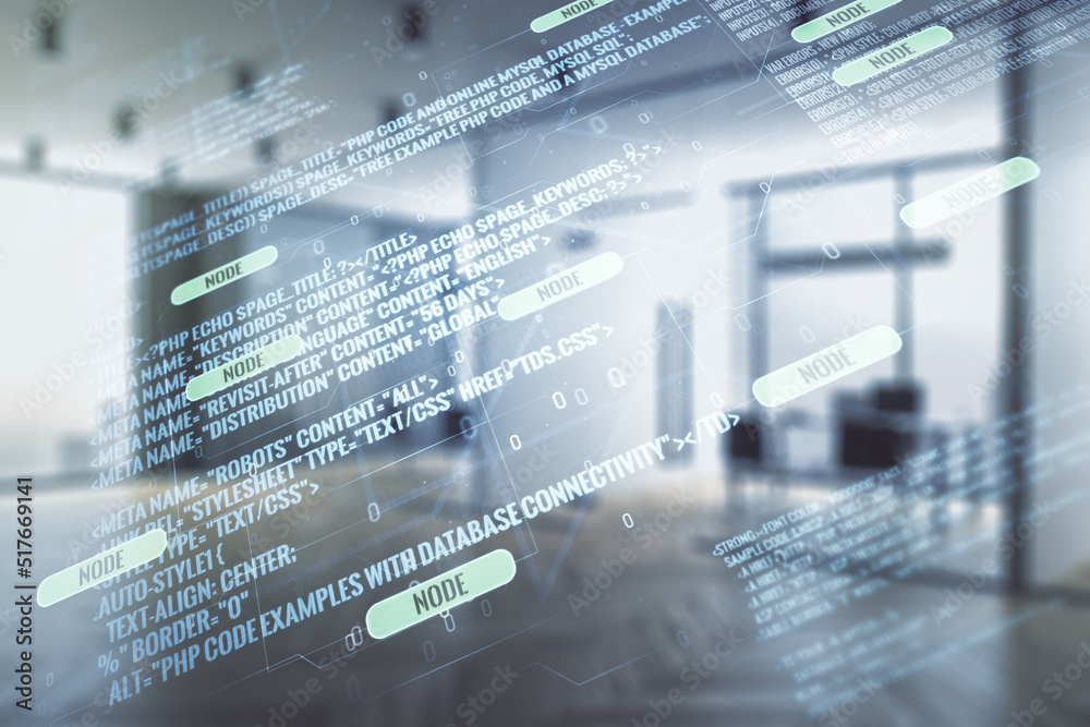 Poster Double exposure of abstract creative programming illustration on a modern furnished office interior background, big data and blockchain concept