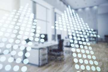 Virtual upward arrows illustration on a modern furnished office background. Breakthrough and progress concept. Multiexposure