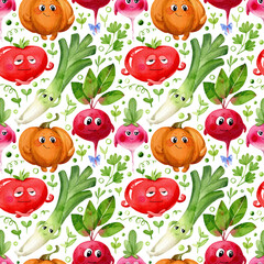 Watercolor seamless pattern. Cute cartoon vegetables characters and floral elements. Tomato, radish, pumpkin, beetroot and lettuce, isolated on a white background. - 517669545