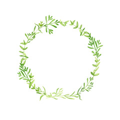  Garden greenery round frame hand drawn in watercolor. Watercolor illustration of a green floral wreath. Template for invitation and greeting card - 517669546