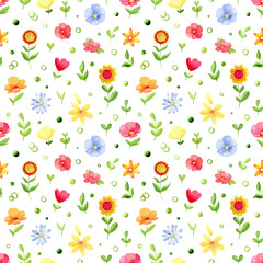 Watercolor floral seamless pattern. Cute  flowers, plants and confetti, isolated on a white background.. - 517669547