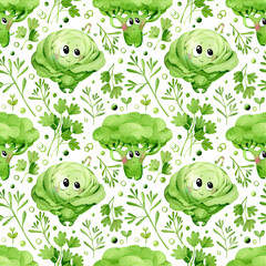 Watercolor seamless pattern. Cute cartoon vegetables characters and floral elements. cabbage, broccoli and parsley and dill leaves, isolated on a white background. - 517669548
