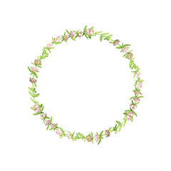 Garden greenery round frame hand drawn in watercolor. Watercolor illustration of a green floral wreath. Template for invitation and greeting card - 517669551