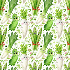Watercolor seamless pattern. Cute cartoon vegetables characters and herbal leaves. Cucumber, daikon and asparagus, isolated on a white background. - 517669554