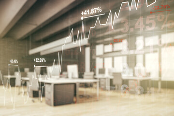 Abstract virtual financial graph hologram on a modern furnished office background, forex and investment concept. Multiexposure
