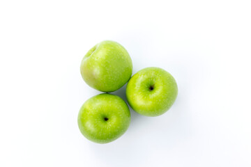 Group of three Green apples isolated on white background, fresh green apples for organic fruits