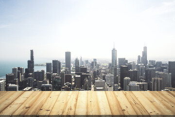 Wooden tabletop with beautiful Chicago buildings on background, mock up