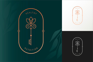 Elegant vector nutrition key oval logo template in two color variations. Art Deco style abstract symbol for cosmetics and packaging, jewellery, hand crafted or beauty products.