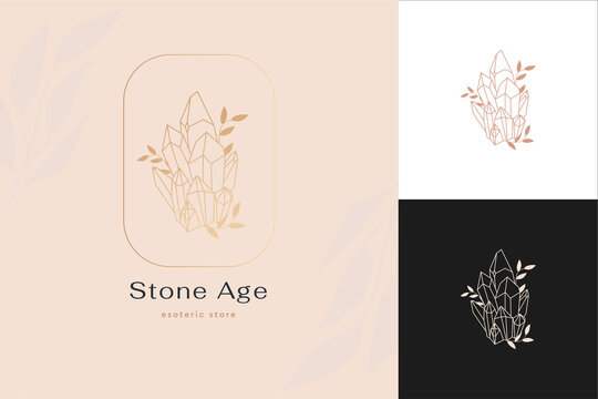 A set of logos in a linear style. Delicate, mysterious images. Mystical symbol in a minimalist style. Magic stone for spiritual practices of ethnic magic and astrological rites.