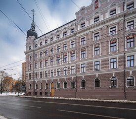 Fototapeta na wymiar Winter cityscape of Riga. Exterior of modern residential building.