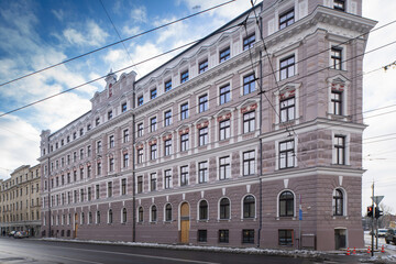 Winter cityscape of Riga. Exterior of modern residential building.