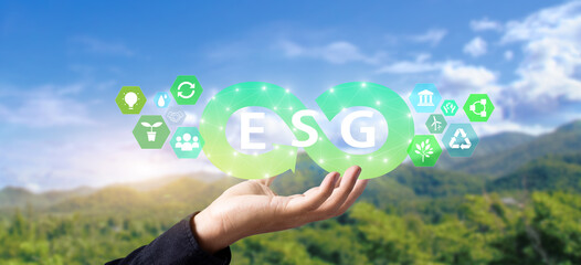 ESG Environmental, Social and Corporate Governance sustainability and ethical business.Hands...
