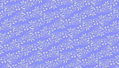 Cute romantic floral pastel color pattern Simple white flowers and twigs on a blue background