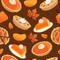 Pie 5seamless pattern Vector Illustration. Thanksgiving and Holiday Pumpkin Pie. Happy Thanksgiving Day traditional pumpkin pie with whipped cream on the top. Autumn november. Isolated on background