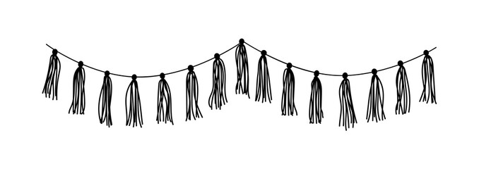 Doodle garland with tassels. Homemade garland for the holiday. Home party decoration with tassels. Vector hand drawn illustration isolated.