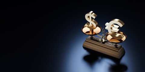 天秤の上の立体的なドル記号とユーロ記号 / 拮抗するドル・ユーロ相場・パリティのコンセプトイメージ / 3Dレンダリング