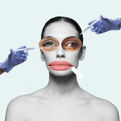 Contemporary art collage. Young woman doing face plastic surgery according to modern beauty...