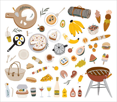 Summer picnic: fruits, berries, cake, hotdog, sandwich, bbq grill, coffee, ice cream, pie. Top view. Icon set flat design of picnic items. For banners, posters, promotion, presentation templates