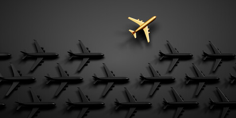 Golden airplane in a crowd of many black airplanes - being different concept - 3D illustration - 517680536