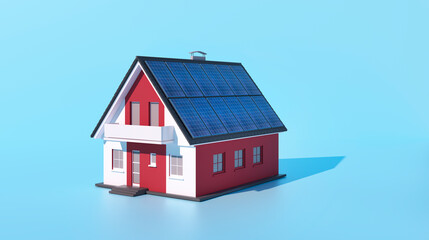 Fototapeta na wymiar Toy house with solar panels on blue background - electric energy concept
